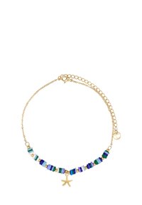 Collar en tono dorado con cuentas coloridas en verde, azul y blanco, con un charm de estrella de mar. La cadena incluye una longitud ajustable.