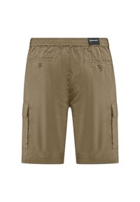 Pantaloni cargo in tessuto marrone chiaro, dotati di una vita elasticizzata, due tasche laterali e due tasche posteriori con bottone. Tessuto liscio.