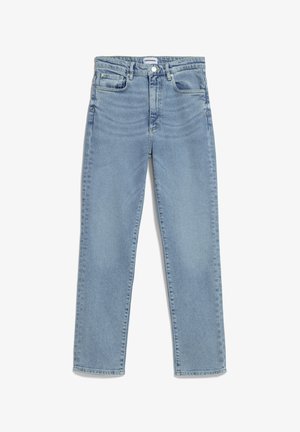 Jeans blu chiaro con taglio dritto, design a cinque tasche, chiusura frontale con bottone e leggere sfumature sulla coscia. Texture denim classica.