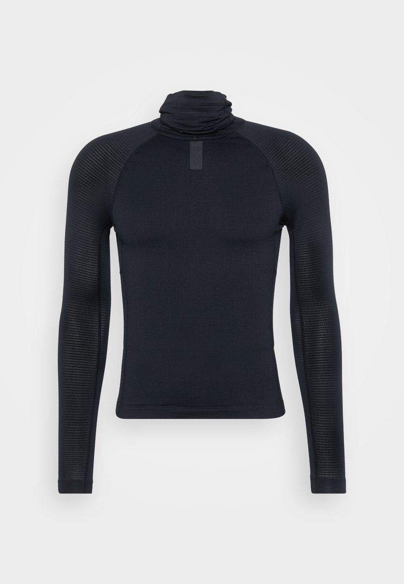 Zwarte lange mouwen turtleneck gemaakt van ribbeltextuur stof, met een aansluitend ontwerp en naadloze raglanmouwen voor optimale bewegingsvrijheid.