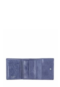 Portefeuille en cuir bleu ouvert montrant des emplacements pour cartes, une poche à pièces avec rabat, et des compartiments pour billets, marqué "Picard Germany" sur le côté gauche.