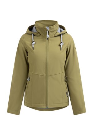 Softshell jacket in olive green with a zip front, adjustable hood, drawstrings, and side pockets. Features a smooth, textured finish.