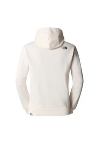 Cremfarbener Hoodie mit einer weichen, glatten Textur, ausgestattet mit einer Kängurutasche und gerippten Bündchen. Das North Face-Logo befindet sich auf dem oberen Rücken.