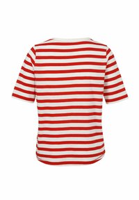Rot-weiß gestreiftes Kurzarm-T-Shirt mit rundem Halsausschnitt und lockerem Schnitt. Das Material wirkt glatt und leicht.