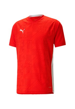 Rode sportblouse met korte mouwen en een patroonontwerp, met een witte accent aan de zijkant. Heeft een ronde hals en een logo op de borst.