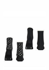 Schwarze Knöchelsocken, ein Paar mit weißen Punkten und das andere einfarbig schwarz. Beide haben einen weißen Bund und weichen, strukturierten Stoff.