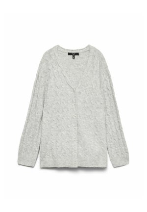 Cardigan en tricot gris clair avec un col en V, des manches longues et un motif en relief discret. Dispose de petits boutons sur le devant pour la fermeture.