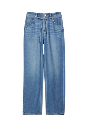 Jean large en denim bleu avec poches avant, fermeture par boutons, passants de ceinture et ceinture nouée assortie à la taille.