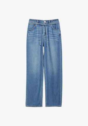 Jean large en denim bleu avec poches avant, fermeture par boutons, passants de ceinture et ceinture nouée assortie à la taille.
