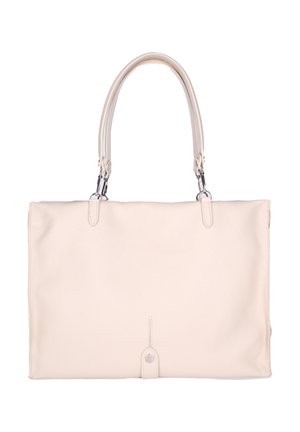 Sac à main en cuir couleur crème avec deux poignées et garnitures argentées, forme rectangulaire, texture lisse, et petite languette décorative à l'avant.