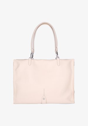 Sac à main en cuir couleur crème avec deux poignées et garnitures argentées, forme rectangulaire, texture lisse, et petite languette décorative à l'avant.