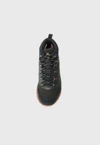 Dark green hiking shoe with a textured upper, metal eyelets, and brown rubber sole, viewed from above against a white background.