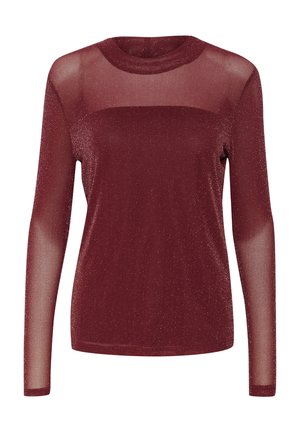 Langærmet bordeaux top med glitrende stof og transparente meshpaneler på skuldre og ærmer, med rund halsudskæring.