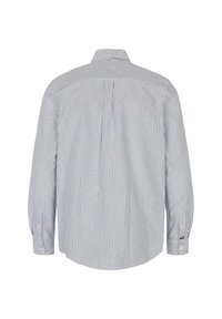 Koszula z długim rękawem z pionowymi niebiesko-białymi paskami, z klasycznym kołnierzykiem, miękkim materiałem oraz zaokrąglonym dołem z logo.