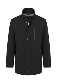 Schwarze wasserdichte Jacke mit hohem Kragen, vorderen Knöpfen, Klappen-Taschen und einer Reißverschlusstasche auf der Brust. Glatte Textur, langlebiges Material.