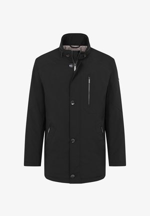 Schwarze wasserdichte Jacke mit hohem Kragen, vorderen Knöpfen, Klappen-Taschen und einer Reißverschlusstasche auf der Brust. Glatte Textur, langlebiges Material.