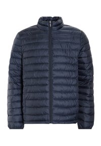 Giacca imbottita blu navy con colletto alto, chiusura a zip e motivo di cucitura orizzontale. Tessuto leggero con una finitura liscia.