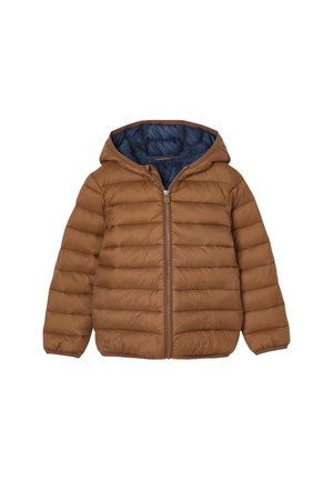 Braune, gesteppte Kapuzenjacke mit Frontreißverschluss und marineblauer Innenauskleidung, entworfen für Wärme und legere Trageweise.