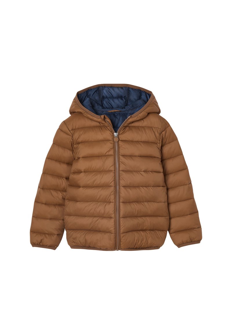 Braune, gesteppte Kapuzenjacke mit Frontreißverschluss und marineblauer Innenauskleidung, entworfen für Wärme und legere Trageweise.