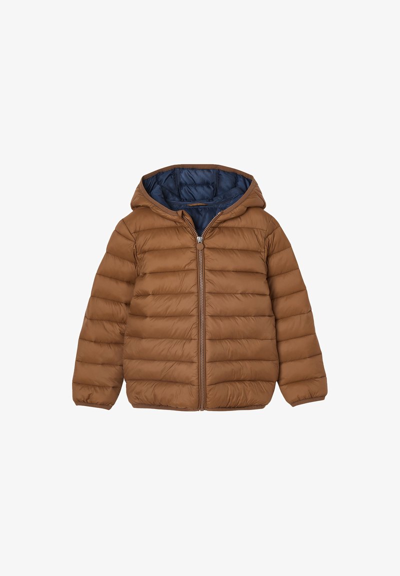 Braune, gesteppte Kapuzenjacke mit Frontreißverschluss und marineblauer Innenauskleidung, entworfen für Wärme und legere Trageweise.