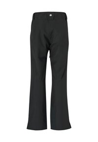 Black waterproof ski pants with a straight cut, reinforced bottom hems, and a small logo on the waistband. Smooth texture, practical design.