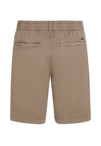 Beige Shorts aus glattem Stoff mit einem elastischen Bund und zwei Gesäßtaschen mit flachen Verschlüssen.