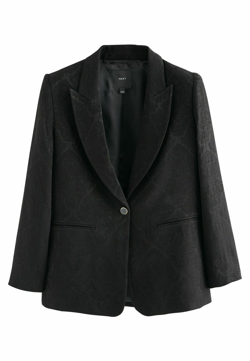 Černý blazer s jacquardovým vzorem, strukturovanými klopami, zapínáním na jeden knoflík a dvěma bočními kapsami. Měkká textura a skvěle padnoucí design.