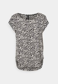 Haut à manches courtes noir et beige avec un motif léopard, col rond et fermeture éclair à l'arrière, avec une coupe décontractée.