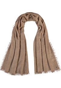 Pehme beige sall, mis on valmistatud kergest kangast, franjeeritud servadega ja lahtise disainiga, mis sobib hästi riputamiseks.