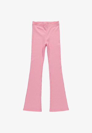 Roze geribbelde gebreide uitlopende broek met elastische tailleband, ontworpen voor een nauwsluitende pasvorm en casual stijl.