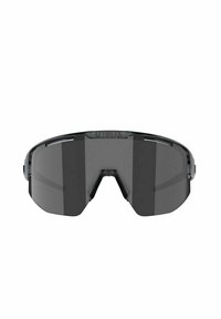 Gafas de sol con lentes oscuros amplios y envolventes, montura gris y un diseño minimalista. No presenta ninguna marca ni acentos visibles.