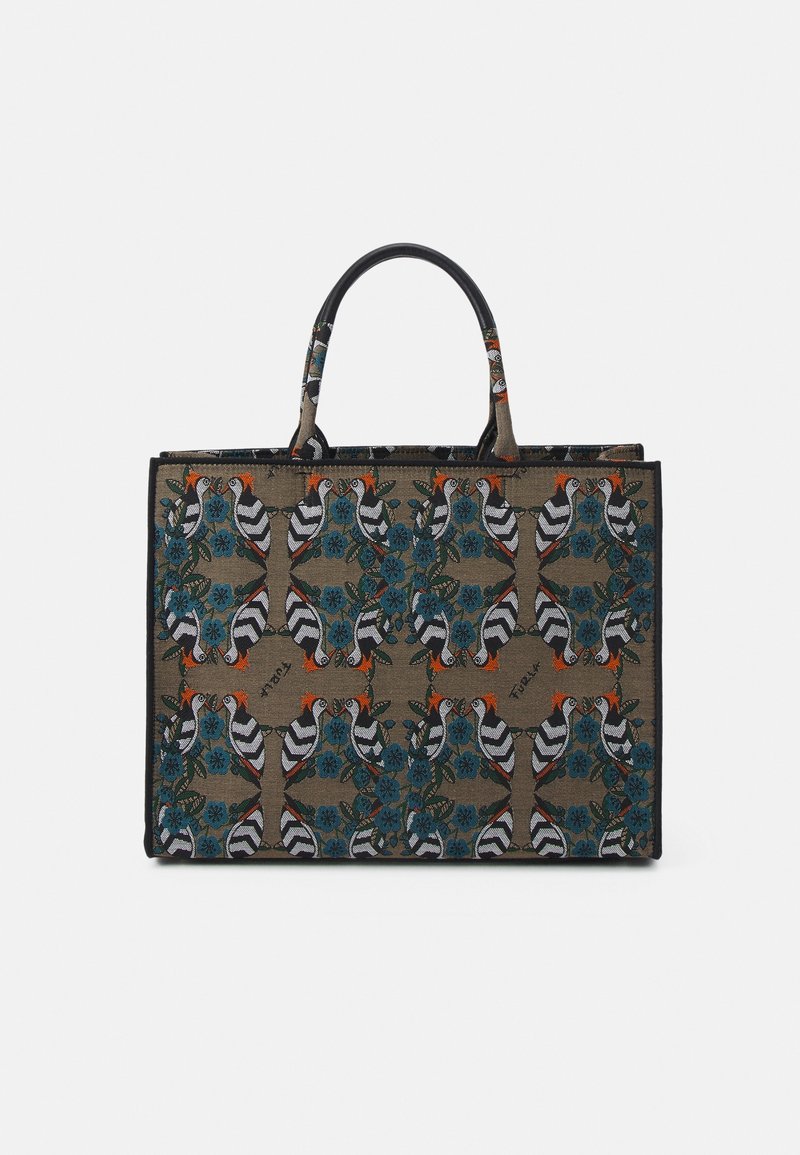 Sac cabas rectangulaire avec deux poignées présentant un motif répétitif de pics et de fleurs bleues sur fond marron.