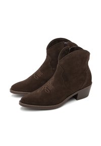 Brown suede ankle boots with a pointed toe, mid-height heel, and decorative stitching on the sides. Zipper closure for easy wear.