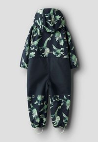 Laste kapuutsiga veekindel kombinesoon tumel sinisel taustal roheliste ja valgete dinosauruste trükkidega, elastsete varrukaservade ja jala all olevate aasadega.