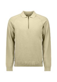 Lichtbeige langeknuffle polo sweater met een ritskraag, met een gebreide textuur en raglanmouwen. Eenvoudig ontwerp met geribde manchetten en een geribde zoom.