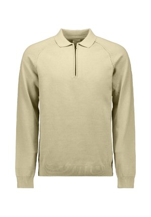 Lichtbeige langeknuffle polo sweater met een ritskraag, met een gebreide textuur en raglanmouwen. Eenvoudig ontwerp met geribde manchetten en een geribde zoom.