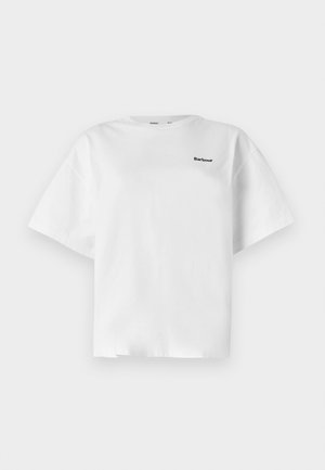 Weißes Baumwoll-T-Shirt mit kurzen Ärmeln, das einen lockeren Schnitt aufweist und auf der vorderen linken Seite das schwarze "Barbour"-Logo trägt.