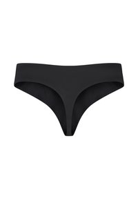Svart bikiniunderdel med en slät textur, låg midje-design och minimal täckning. Bred midjeband och sömlös konstruktion för komfort.