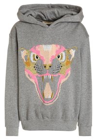 Grijze hoodie met een groot, geborduurd leeuwengezicht in roze, goud en bruin tinten. Het heeft een voorzak en ribgebreide manchetten.
