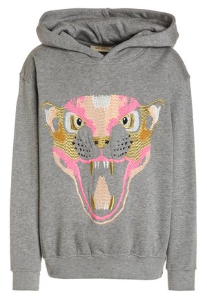 Grijze hoodie met een groot, geborduurd leeuwengezicht in roze, goud en bruin tinten. Het heeft een voorzak en ribgebreide manchetten.