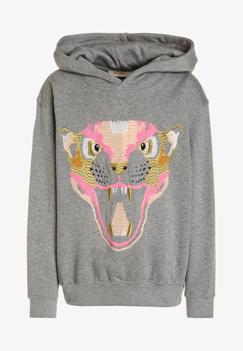 Grijze hoodie met een groot, geborduurd leeuwengezicht in roze, goud en bruin tinten. Het heeft een voorzak en ribgebreide manchetten.