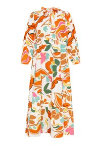 Blumendruckkleid mit langen Ärmeln, gerafftem Ausschnitt, in leuchtenden Farben: Orange, Pink, Grün, auf weißem Hintergrund. Gestuftes Design.