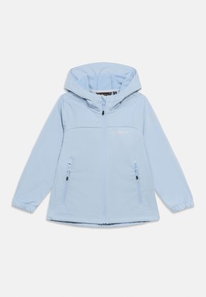 Light blue hooded jacket with front zipper, two zippered pockets, and elastic cuffs, designed for children.