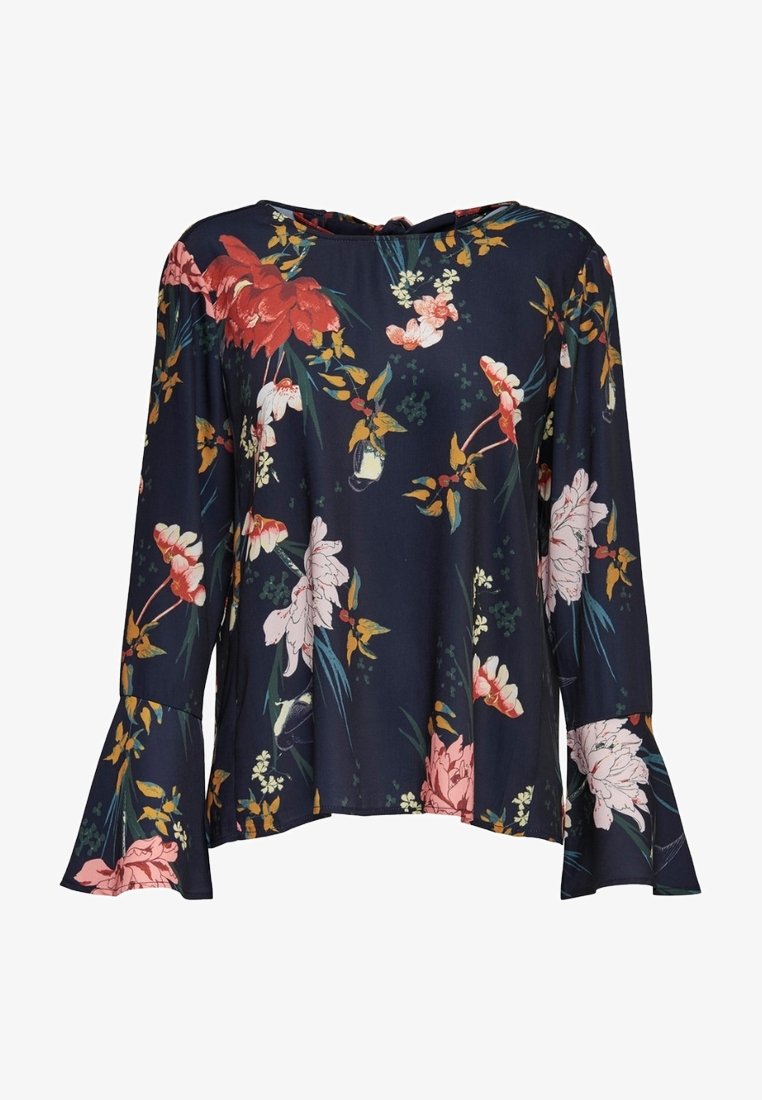 Květinová blůza s dlouhým rukávem v tmavě námořnické barvě s rukávy do zvonu. Obsahuje červené a růžové květy, zelené listy a volný střih.