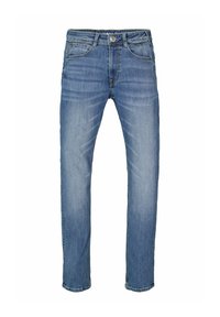 Blauwe denim jeans met een rechte snit, vijf zakken, een knoopsluiting en subtiele vervaging. Voorzien van riemenlussen op de taille.