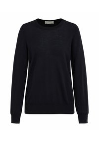 Czarny sweter z długim rękawem wykonany z lekkiego materiału, z okrągłym dekoltem oraz żebrowanymi mankietami i ściągaczem dla dopasowanego wyglądu.