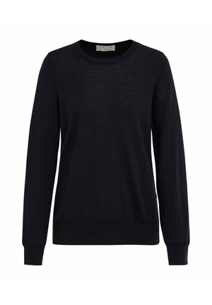Maglione nero a maniche lunghe realizzato in materiale leggero, con scollo rotondo e polsini e orlo a coste per un aspetto aderente.