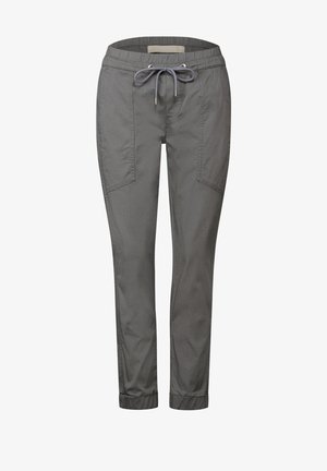 Harmaat elastiset vyötäröhousut, joissa on nauhakiristin, kapeneva malli, kaksi sivutaskua ja käännetyt lahkeet. Valmistettu kevyestä, sileästä kankaasta.