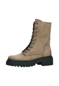 Stivali da combattimento beige in suede con suola in gomma, dotati di occhielli in metallo, finitura testurizzata e collo imbottito per il supporto.