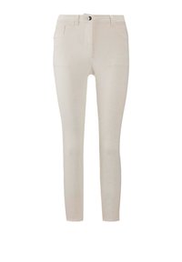 Cremfarbene Skinny-Jeans mit einer subtilen texturierten Oberfläche, ausgestattet mit einem Knopfverschluss und fünf Taschen.
